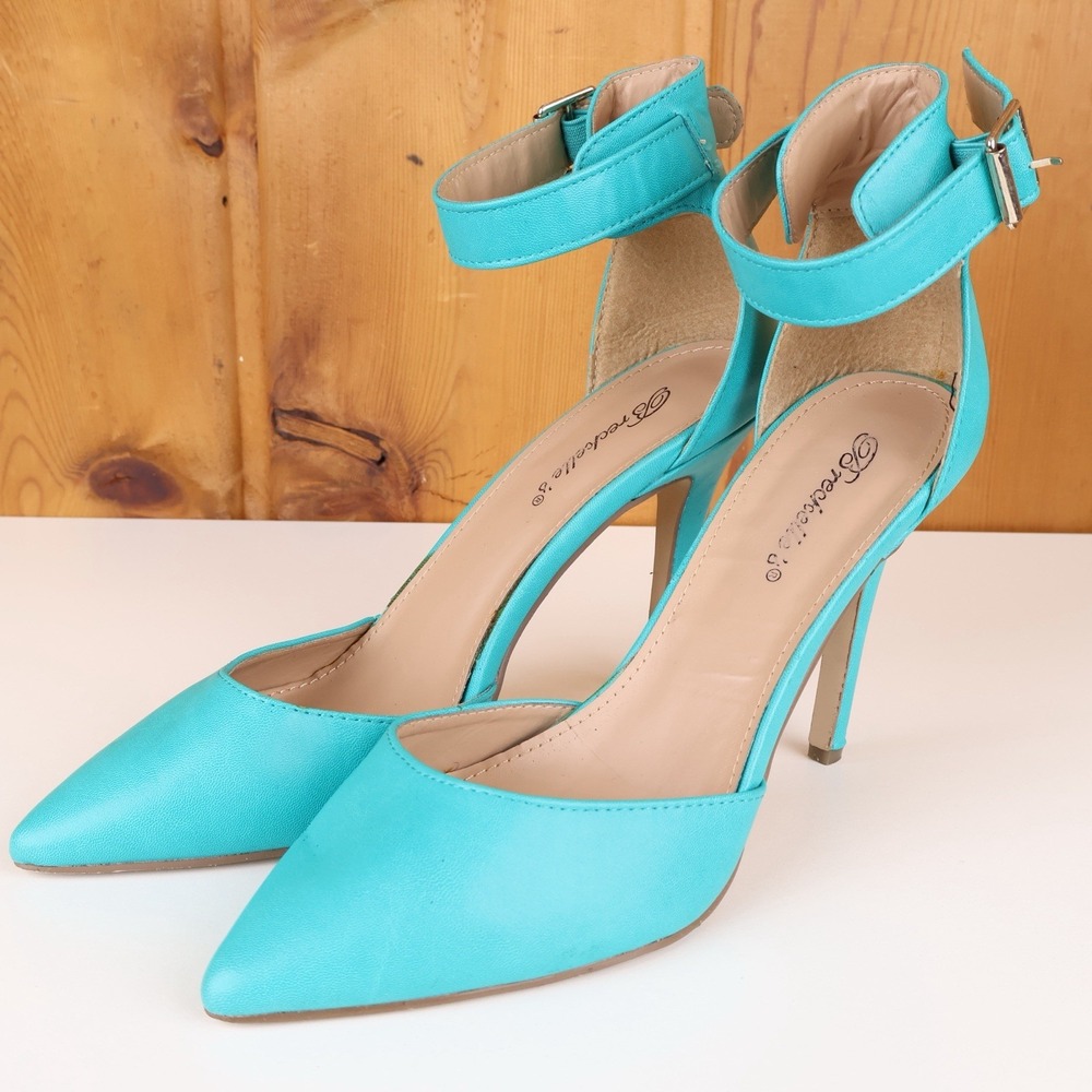 Breckelles Womens Sz 9 Turquoise Pointed Toe Pumps Stiletto Heels Ankle Strap